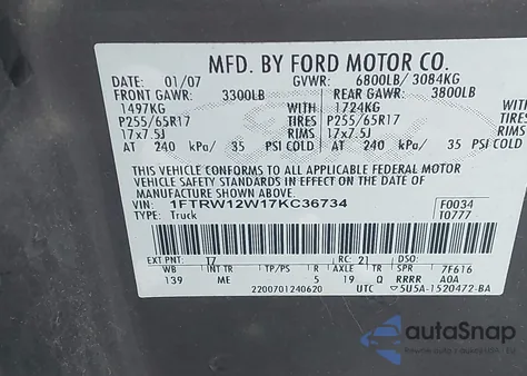 2007 Ford F-150 Xlt z USA, uszkodzony, nr VIN 1FTRW12W17KC36734